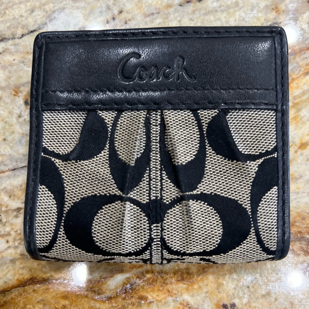 Coach, black leather with black canvas, monogram bifold wallet